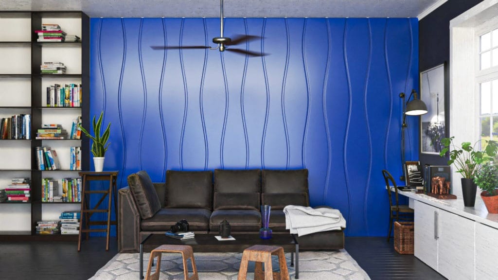 Lambris decorativos em PET Tramezzo modelo Sense Cor Azul Painel decorativo em MDF revestido com resina pet Código LBI03