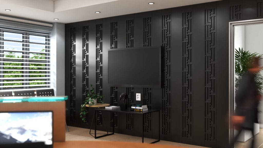 Lambris decorativos em PET Tramezzo modelo Tressed Cor Preto Painel decorativo em MDF revestido com resina pet Código LBI04