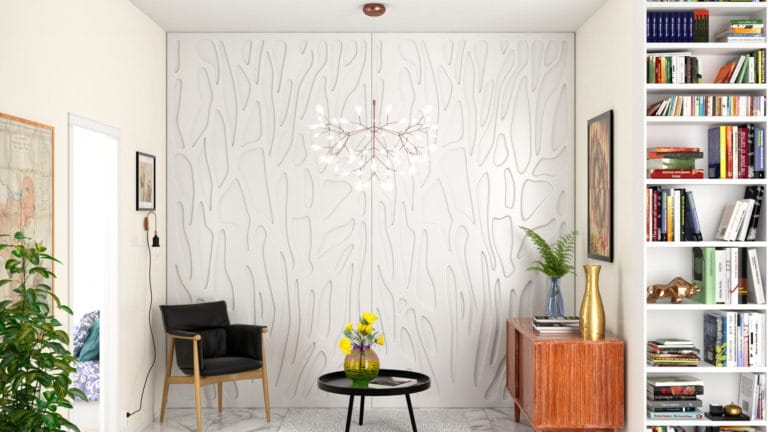 Painel decorativo PET Tramezzo modelo Tronk Cor Branco Painel decorativo em MDF revestido com resina pet Código PAN04